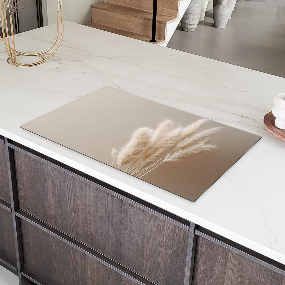 HERDABDECKPLATTE Pampasgras - Federn - Pastell - Weiß Induktionsschutz 91.6x52.7 cm - Creme, Kunststoff (91.6/52.7/0.2cm) - MuchoWow