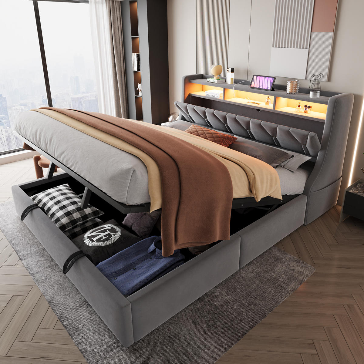 POLSTERBETT 180/200 cm Grau mit Stauraum LED-Beleuchtung und USB- und Type-C-Anschlüssen Samt - Grau, Textil (180/200cm) - OKWISH