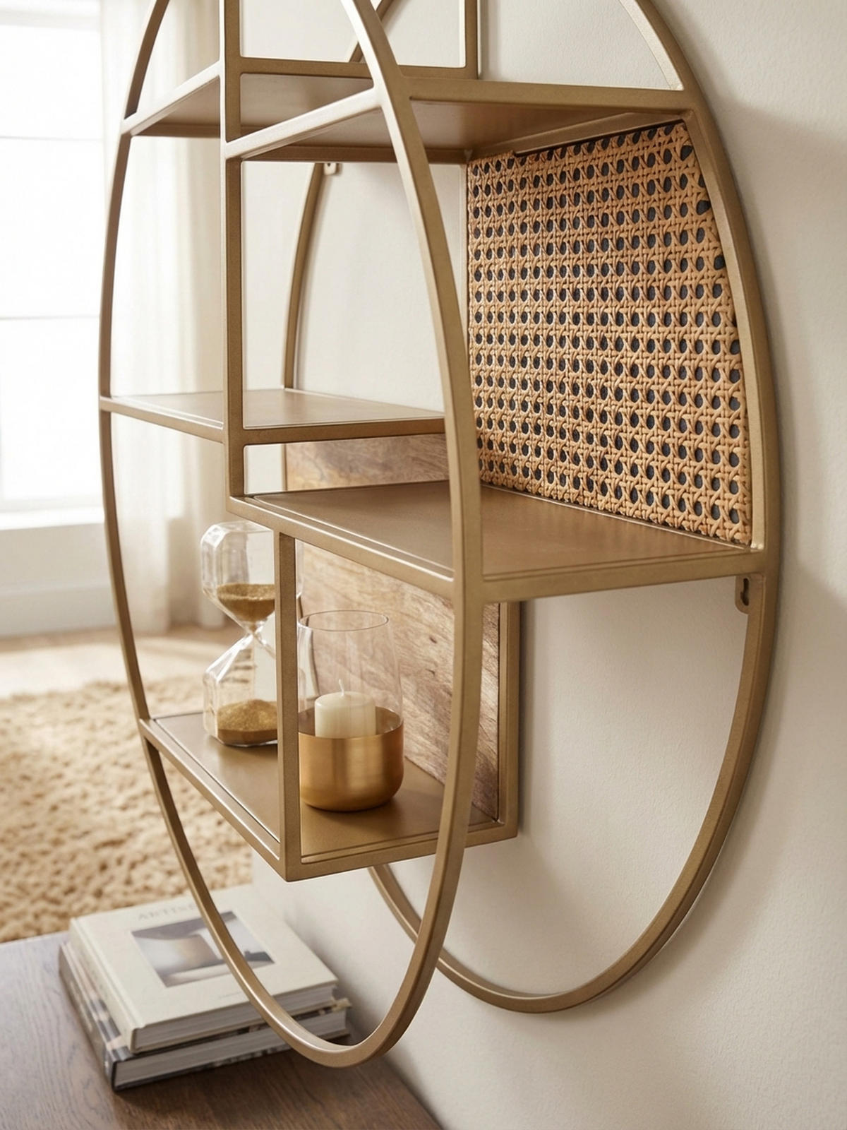 WANDREGAL Rattan Massivholz Metall Industrial Stil mit 5 Ablagen - Braun, Holz/Metall (62/17/62cm) - KADIMA DESIGN