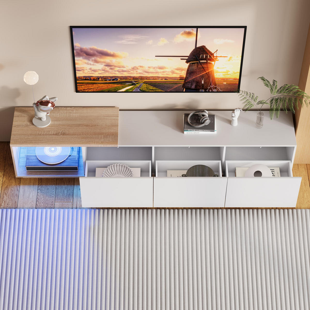 LOWBOARD mit intelligenter Induktions-LED-Beleuchtung, 3 Schubladen und einem offenen Fach, für 65-Zoll - Weiß, Holz (38/44/240cm) - WoodenAura