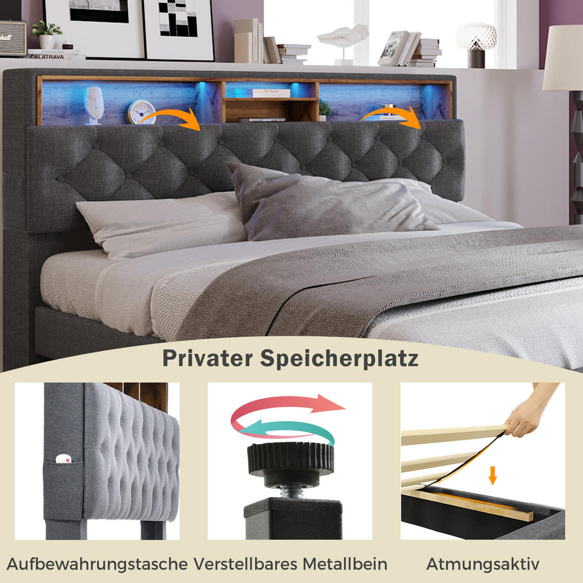 TAPECIRANI krevet 140/200 cm s LED osvjetljenjem, uzglavljem s pretincima i madracem, Siva - siva, drvo (140/140cm) - Redom