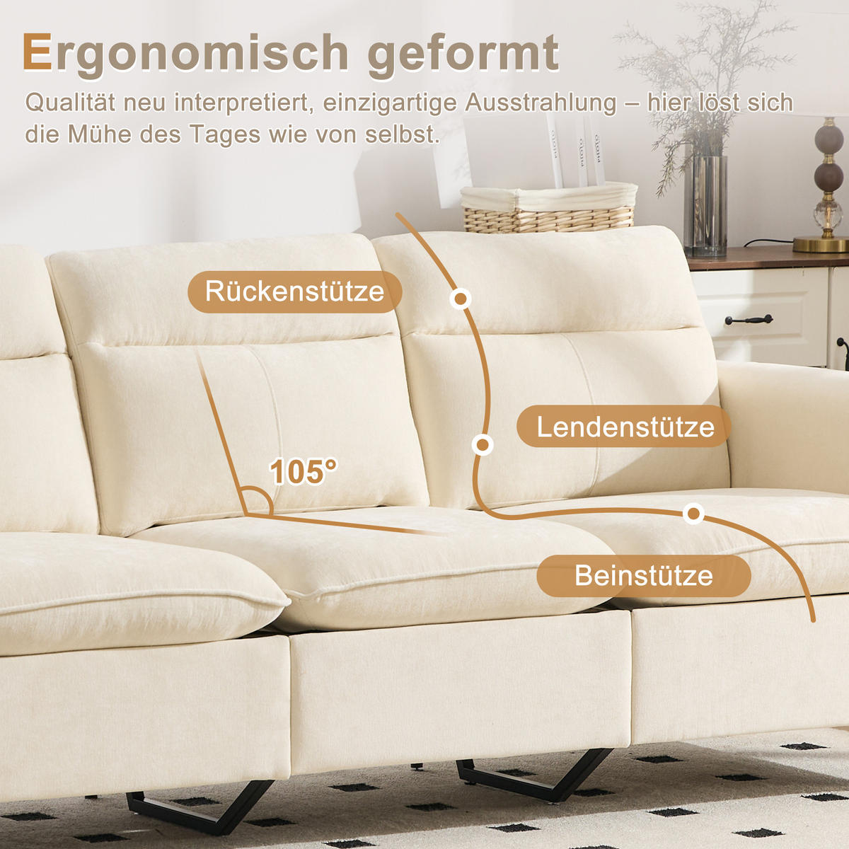ECKSOFA 201/110/86 cm Beige mit Aufbewahrungshocker und Seitentaschen - Beige, Holz/Textil (201/110cm) - Oxeza