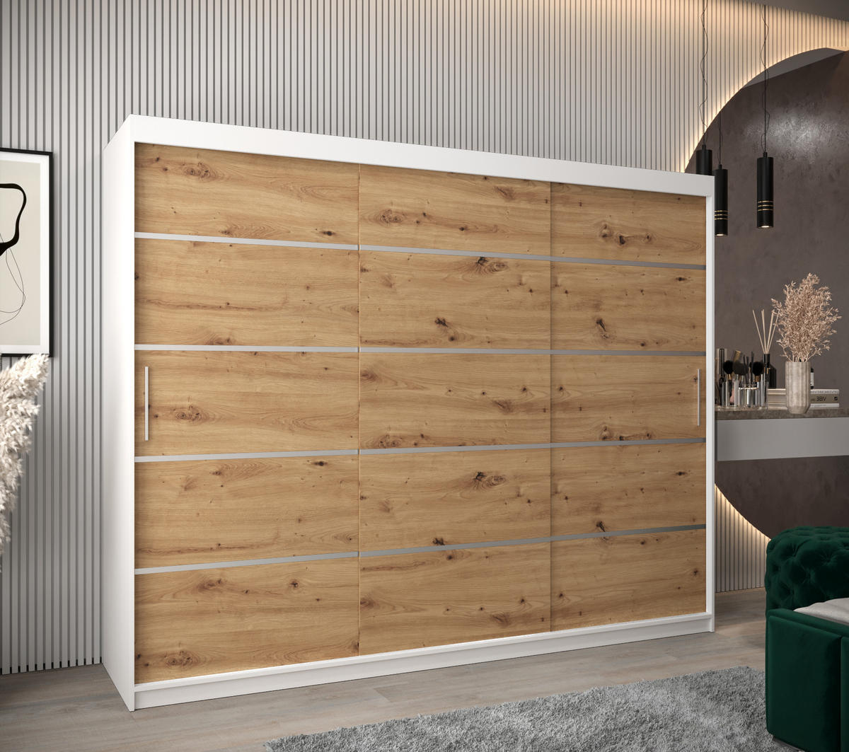 SCHWEBETÜRENSCHRANK 200/250/62 3-türig - Silberfarben/Eiche Artisan, Holz/Kunststoff (250/200/62cm) - Abiks Möbel