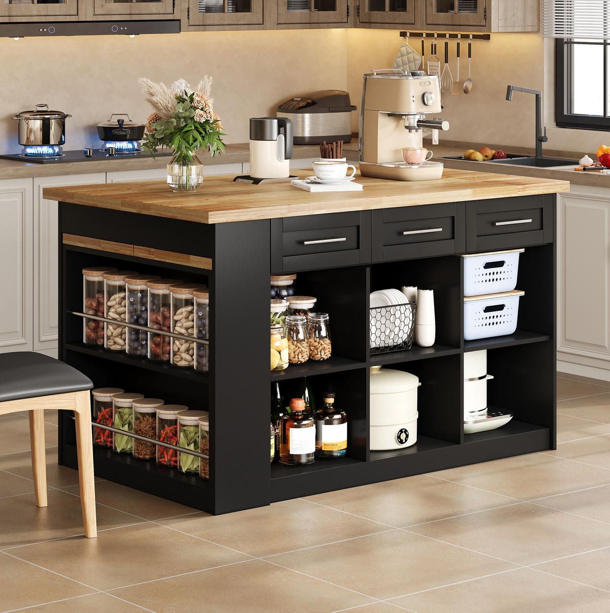 KÜCHENINSEL mit ausziehbarem Esstisch 150 x 90 x 90 cm MDF Natural and Black - Naturfarben, Holz (90/90/150cm) - Beauniv