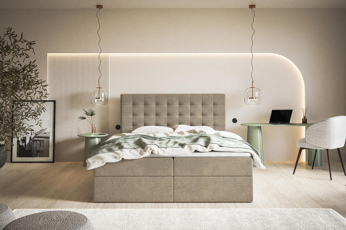 BOXSPRINGBETT 160x200 Jora mit Matratze H3, Bettkasten, Beige - Beige, Holz/Textil (160/200cm) - Emporius