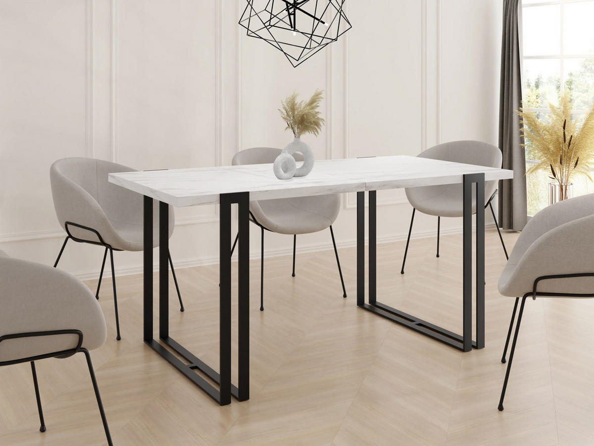 ESSTISCH Marco rechteckig ausziehbar, Marmor Weiß 120-220/80/76 cm - Ecru/Schwarz, Holzwerkstoff/Metall (120/80/76cm) - WFL GROUP