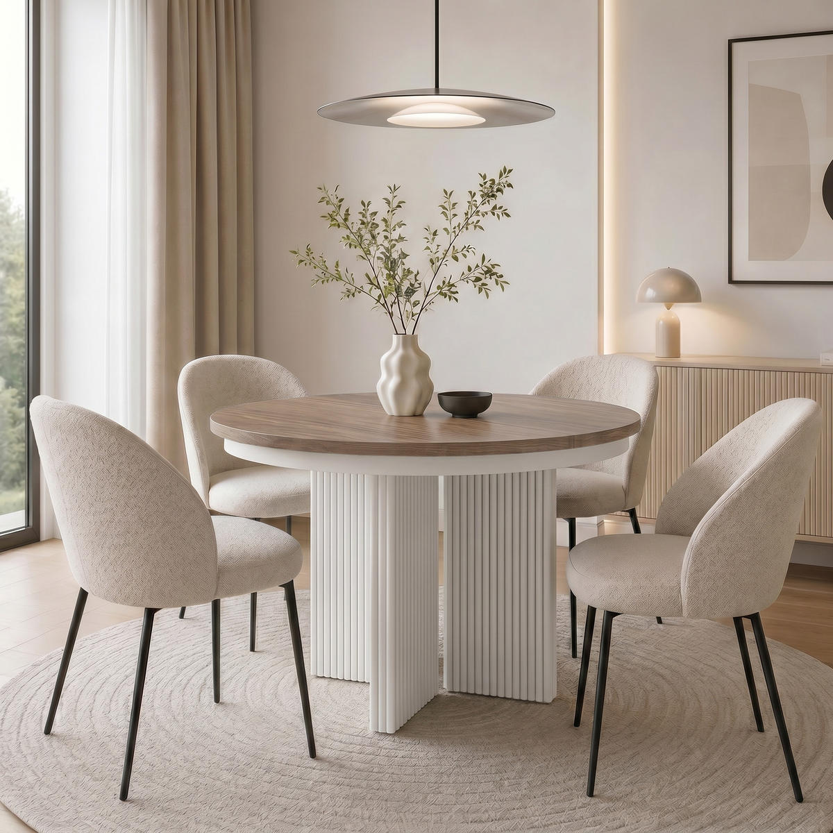 JÍDELNÍ STŮL Prestige, kulatý designový stůl, rozkládací Ø 100–180 cm, ořech + bílá - bílá/barva vlašského ořechu, kov (100/100/77cm) - Beautysofa