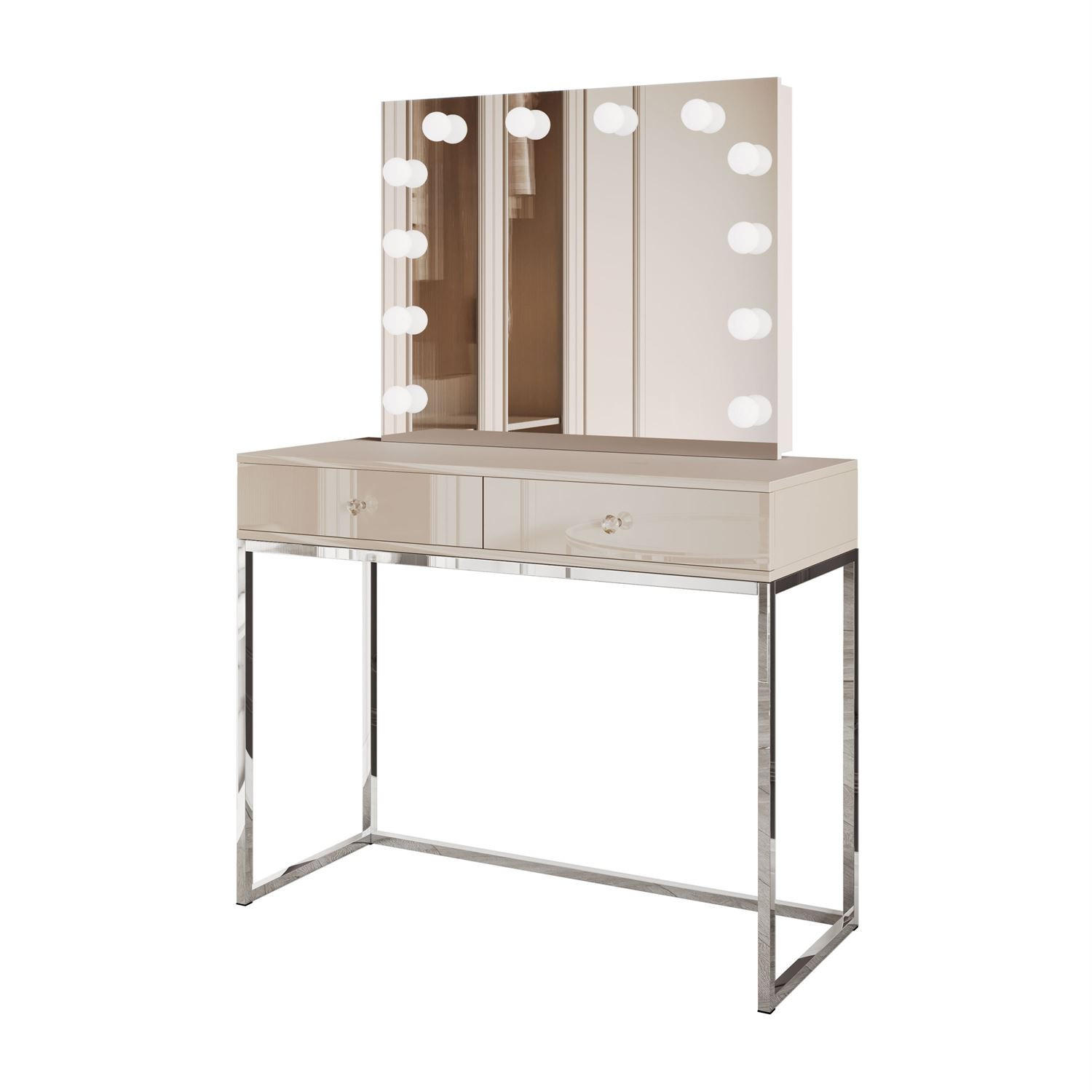 SCHMINKTISCH BLANCO KASCHMIR ELITE mit Spiegel und Beleuchtung silberner Chrom Kristallgriff - Beige, Holzwerkstoff (100/81/42cm) - Lookway