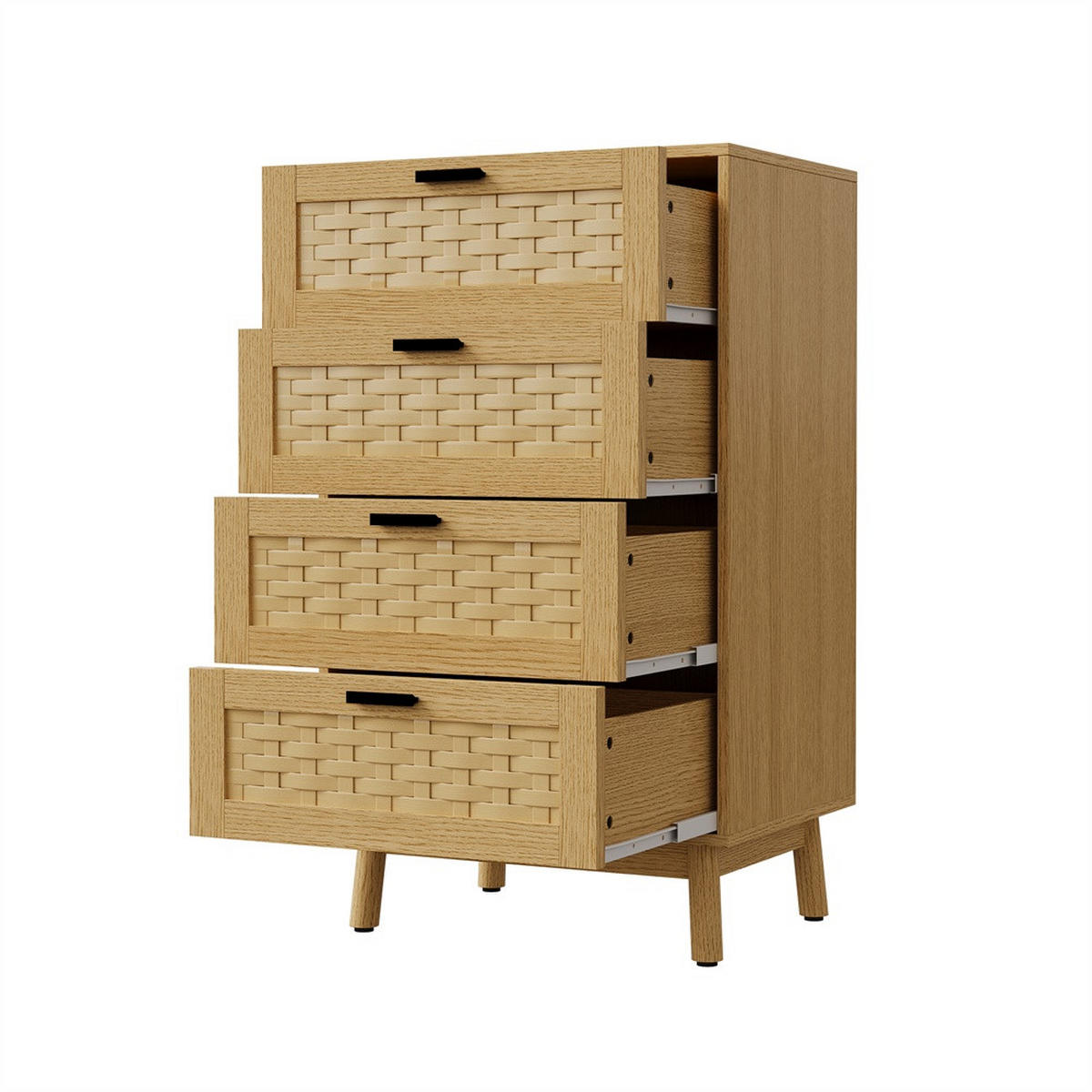 KOMMODE mit 4 Schubladen - pflegeleichtes PVC-Geflecht und Holzbeine - für Wohnzimmer&Schlafzimmer - Eiche-Optik - Eichefarben, Holzwerkstoff (39.8/95/55cm) - DELFA