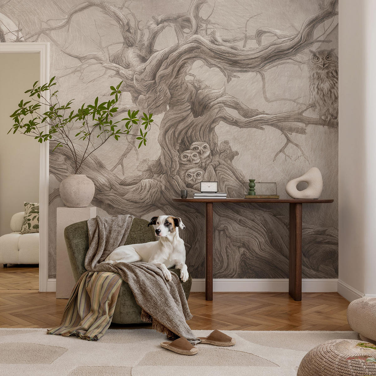 FOTOTAPETE 104x70 cm - Nachtvögel - Beige, Textil (104/70cm) - Wallfluent