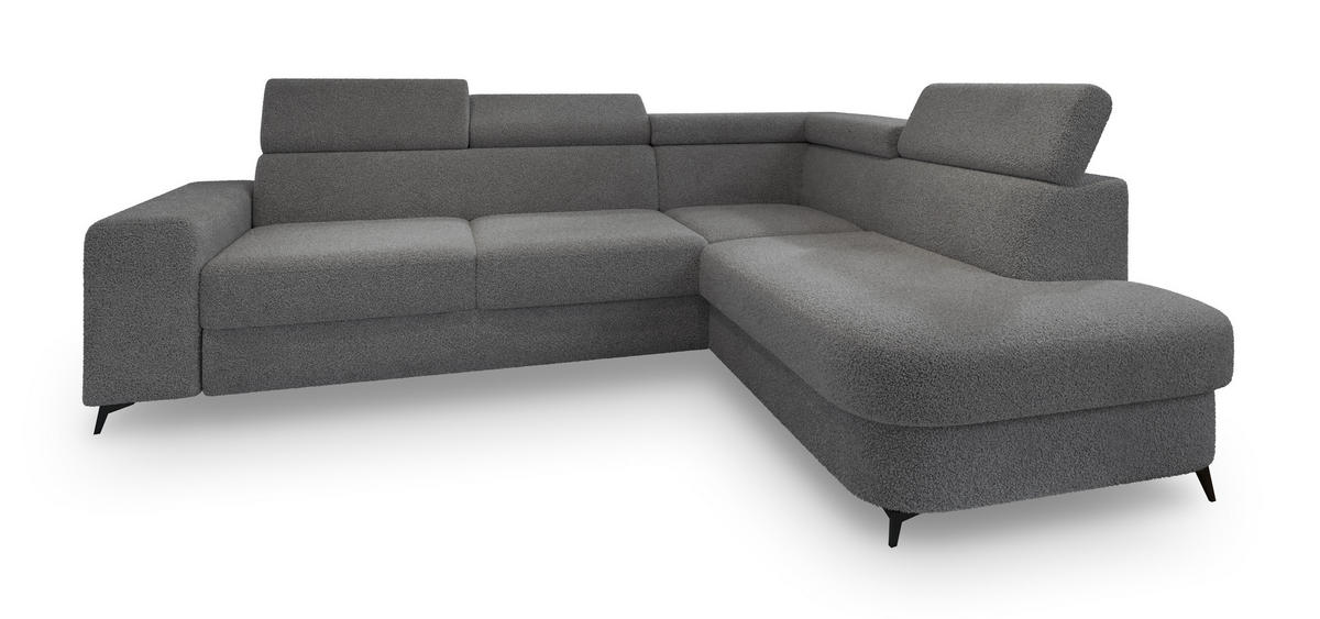 ECKSOFA ALVORO R-S Grau Boucle-Stoff mit Schlaffunktion - Grau, Holz (253/190cm) - MASSENO