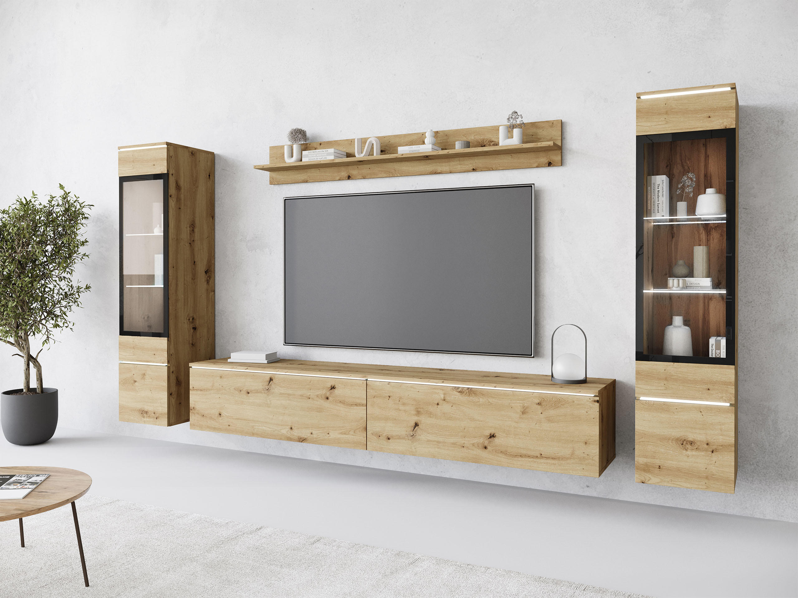 WOHNWAND Vera II mit weißer LED Beleuchtung - Eiche Artisan, Holzwerkstoff (30/130/33cm) - MIRJAN24