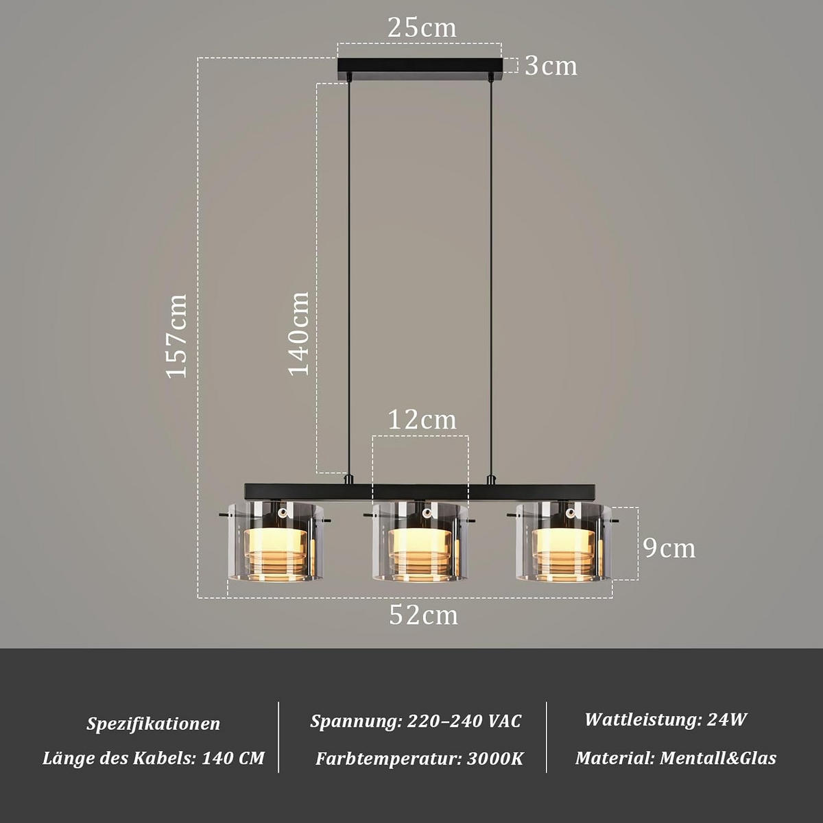 LED PENDELLEUCHTE 12/157/52cm - Schwarz, Metall (157/12/52cm) - Nettlife