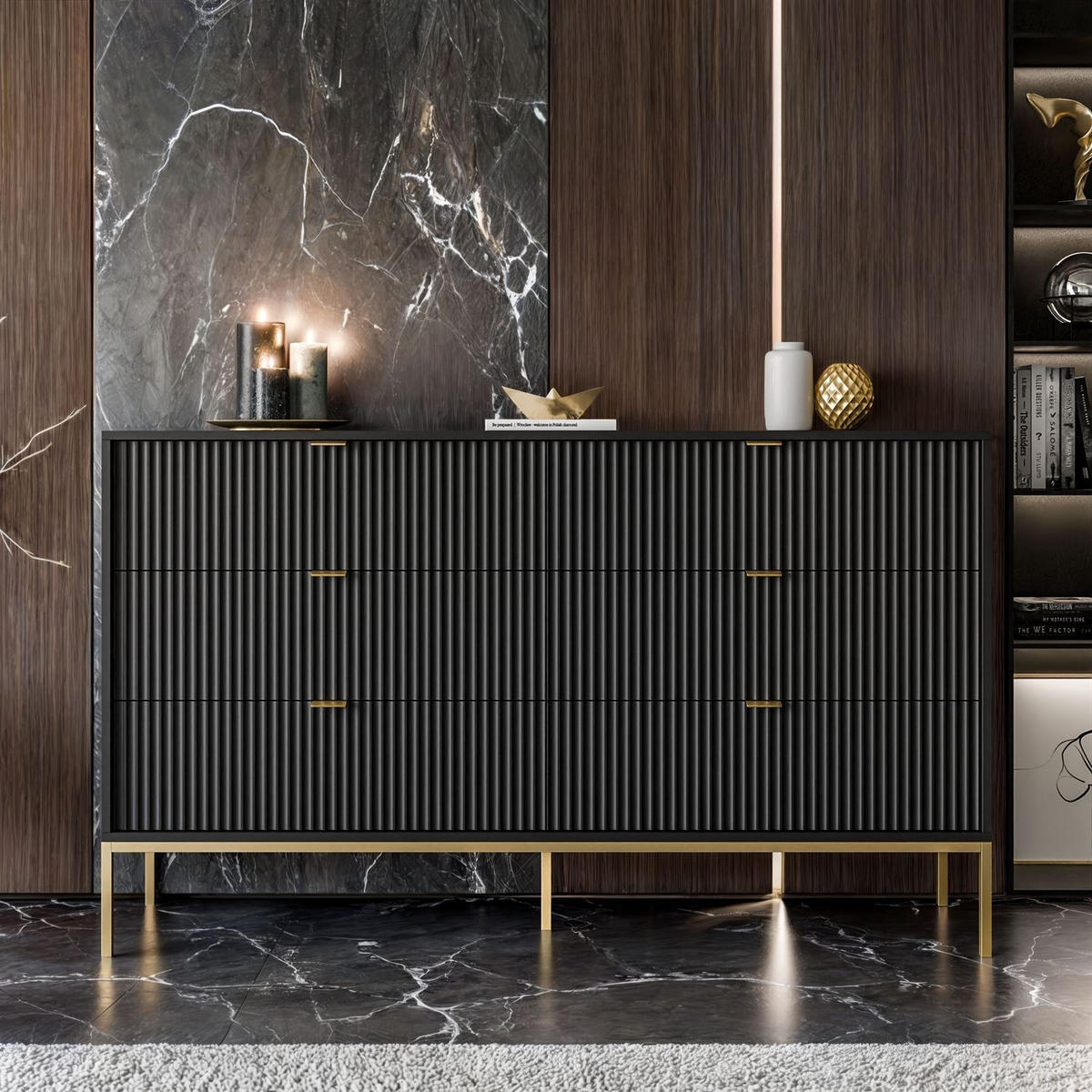 KOMMODE CORTADO GOLD KS154 MIT SCHUBLADEN SCHWARZ - Schwarz, Holzwerkstoff (154/91/39cm) - Lookway