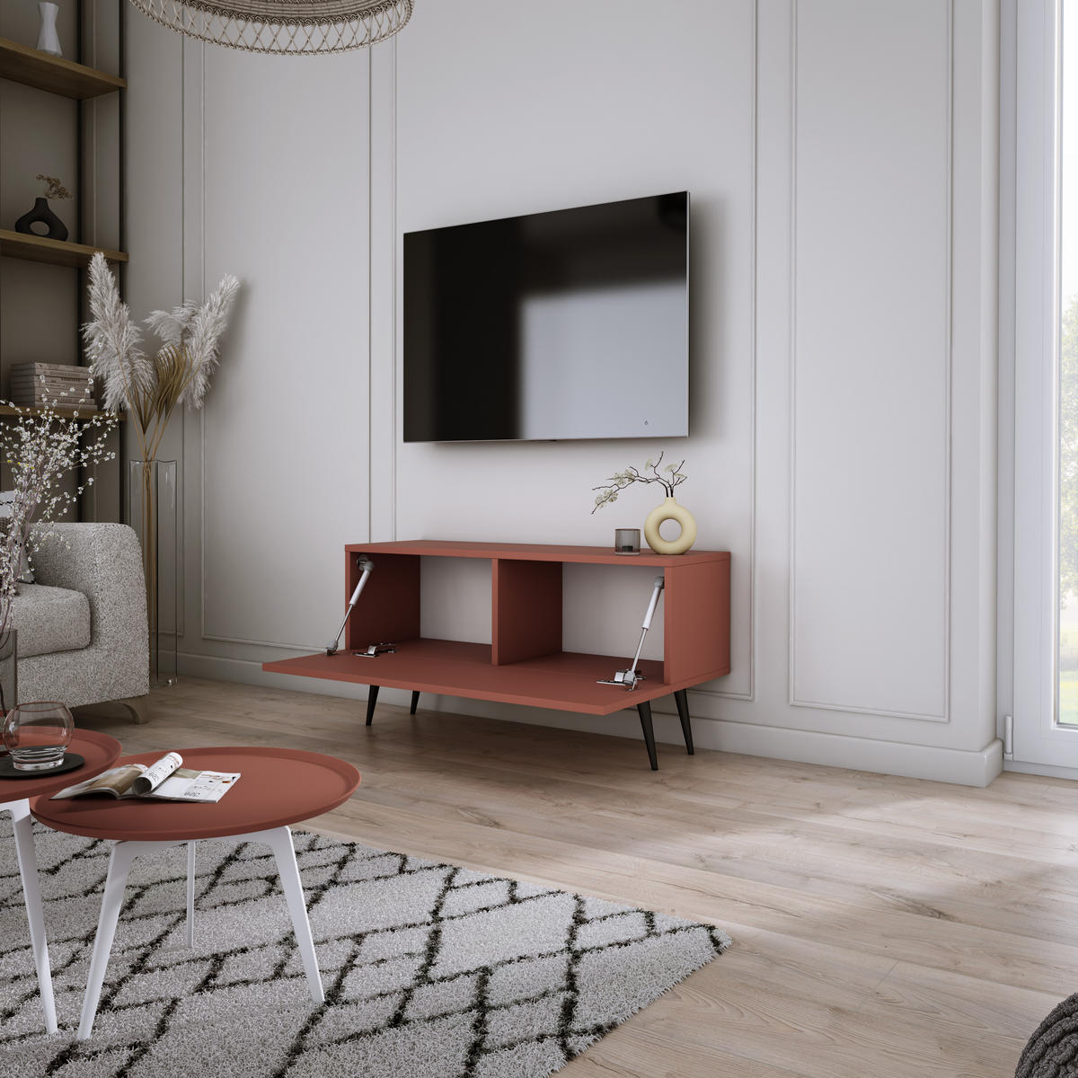 TV-SCHRANK : Ziegelrot, 100 x 52 x 32 cm, schwarze Beine - Rot/Schwarz, Holzwerkstoff/Metall (100/52/32cm) - 3XE LIVING