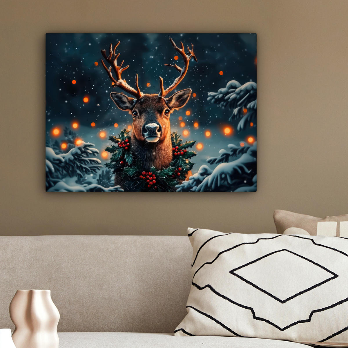 LEINWANDBILD Hirsch - Weihnachten - Winter - Schnee - Weihnachtskranz 40x30 cm - Dunkelbraun, Textil (40/30cm) - MuchoWow