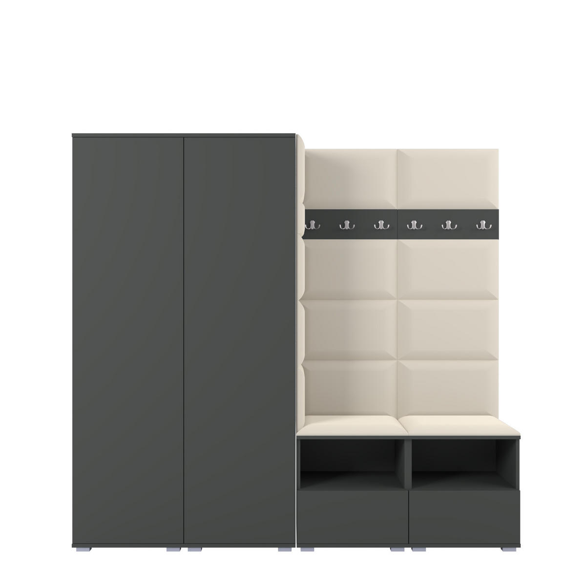 GARDEROBE NELA VI 200 cm (Kompaktgarderobe Graphit mit Sitzpolster Creme 01 Schrank & Paneel) - Silberfarben/Creme, Holz/Holzwerkstoff (200/187/40cm) - Ravio