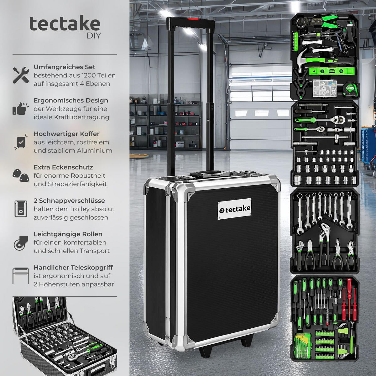 WERKZEUGKOFFER ,mit Klappgriff und Teleskopgriff,schwarz - Schwarz, Metall (20/100/37cm) - tectake