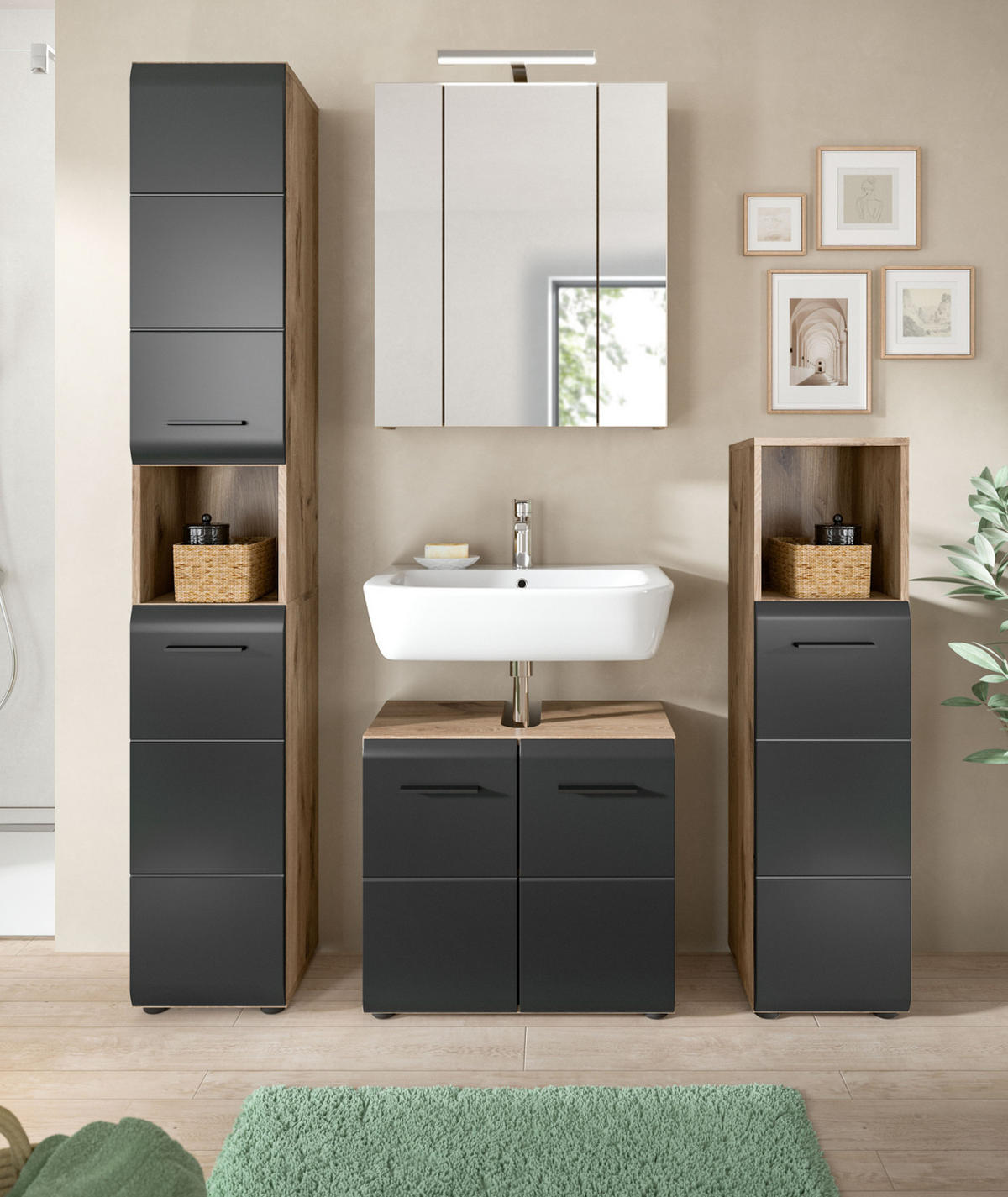 WASCHBECKENUNTERSCHRANK schwarz matt, Eiche Nox, Waschtisch Badschrank 60 cm - Eichefarben/Schwarz, Holzwerkstoff/Kunststoff (60/54/30cm) - Inn.Furn