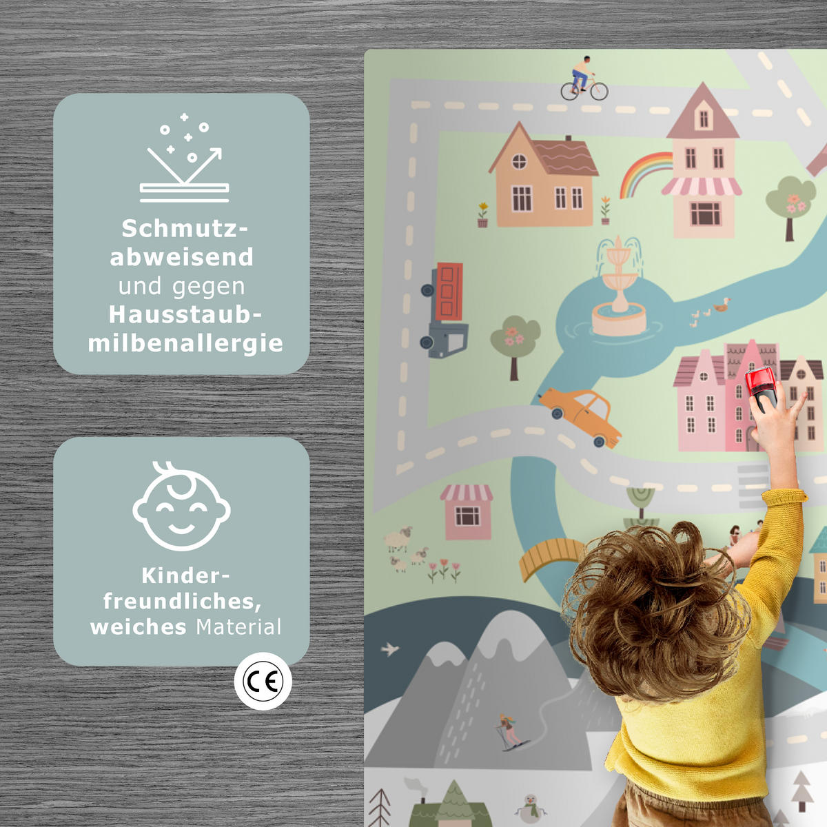 KINDERTEPPICH Jahreszeiten - Stadt - Häuser - Straße - Kinder - Auto 180x120 cm - Multicolor, Kunststoff (180/120cm) - MuchoWow