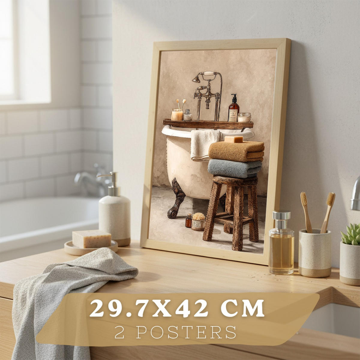 POSTER 2er-Set dekorative Badezimmerdrucke, rustikaler Stil, Vintage-Spa-Bilder mit Handtüchern und Badewanne,, Wohndekoration Leichter Holzrahmen A3 - Beige, Papier (42/29.7/3cm) - Nacnic