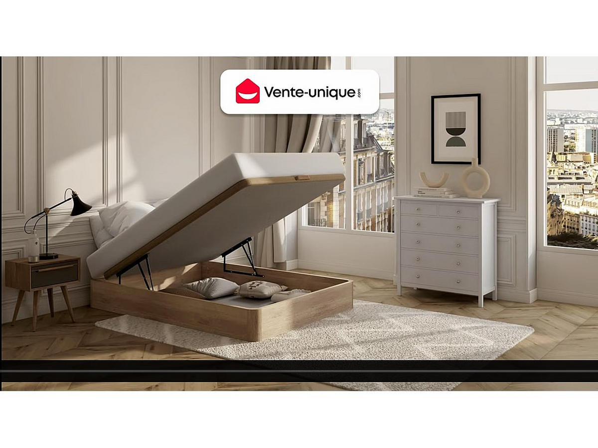 MATRATZE und Bettgestell mit Lattenrost und Bettkasten - 2 Personen - Stoff, Holz, Platte - Naturfarben Hell - - Naturfarben, Holz/Holzwerkstoff (140/190cm) - Vente-Unique