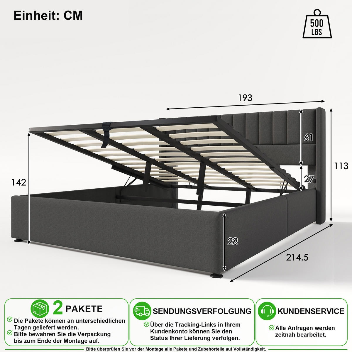 POLSTERBETT 180/200 cm in Grau mit Bettkasten und Hydraulik Leinen - Grau, Holzwerkstoff/Textil (180/200cm) - CHICFURN