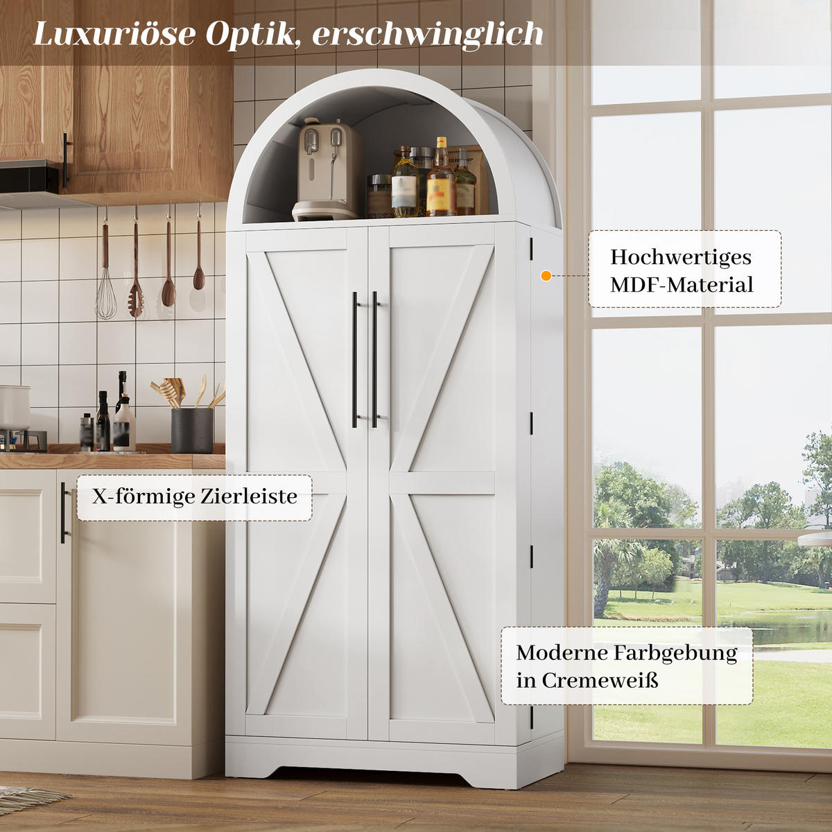 HIGHBOARD Bogenschrank Weiß 165x70x40cm mit Türablagen & offenem Fach Landhausstil - Weiß, Holzwerkstoff (70/165/40cm) - Urban Meuble