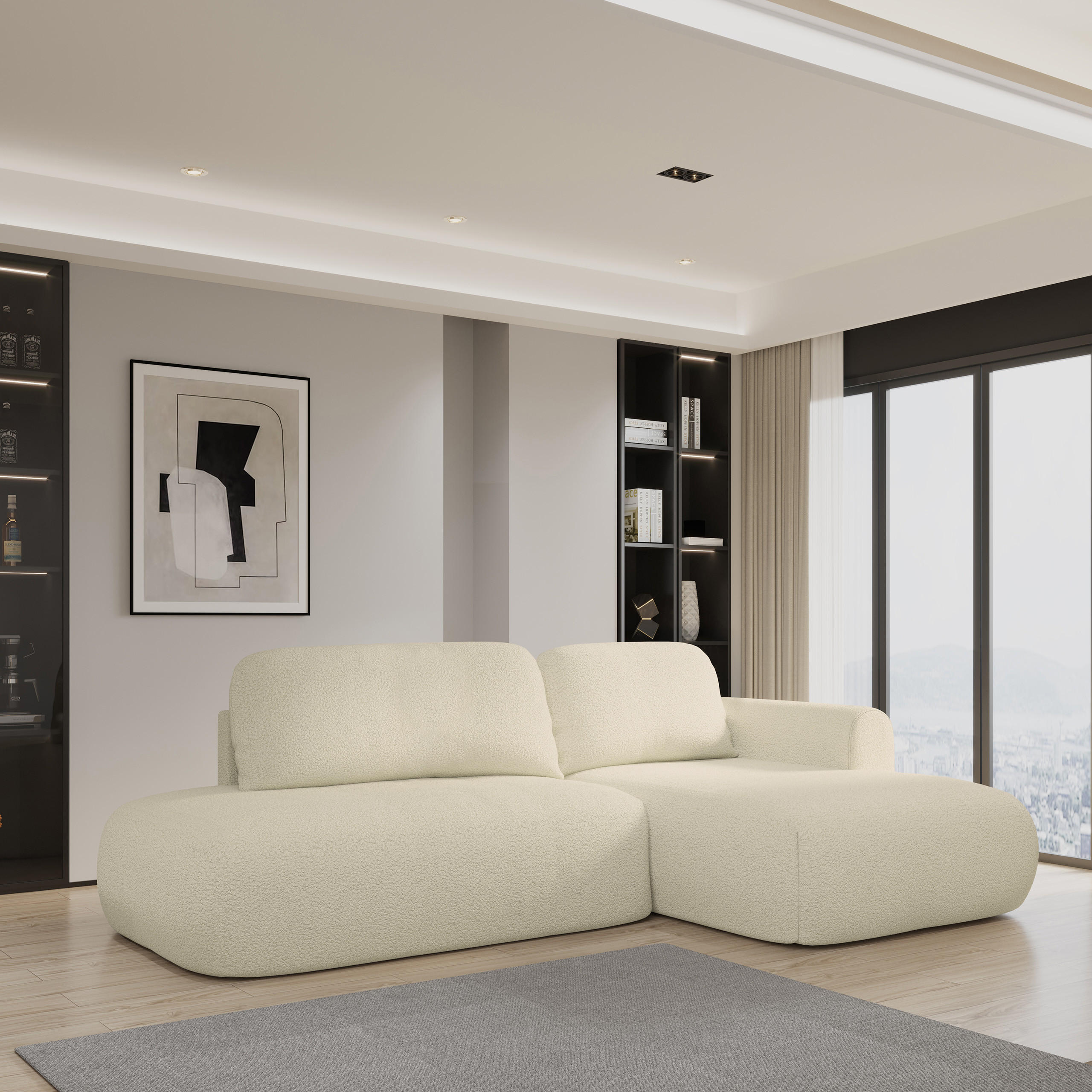 ECKSOFA NUVIRA R-S Creme Boucle-Stoff mit Schlaffunktion - Creme, Holz (274/165cm) - MASSENO