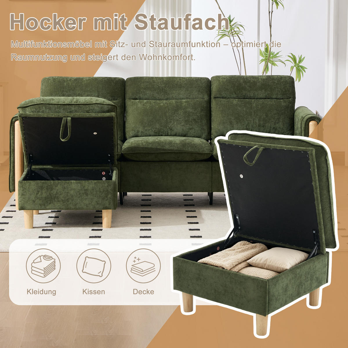 ECKSOFA 201/110/86 cm Grün mit Aufbewahrungshocker und Seitentaschen - Grün, Holz/Textil (201/110cm) - Oxeza