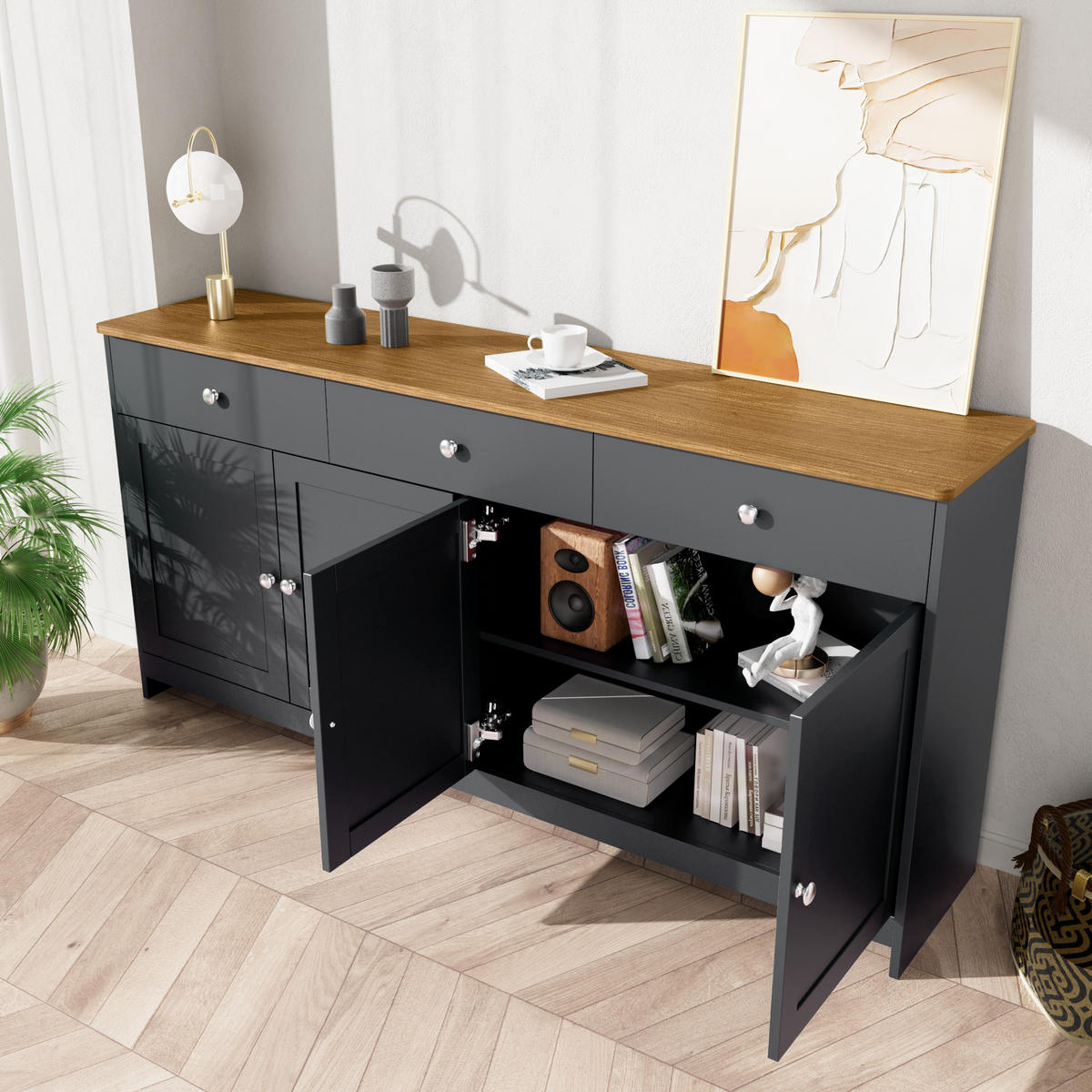 SIDEBOARD im Landhausstil aus MDF mit Holzplatte, 3 Schubladen und 4 Türen, 160/37/75 cm, grauschwarz und holzfarben - Grau, Holzwerkstoff (160/75/37cm) - Redom