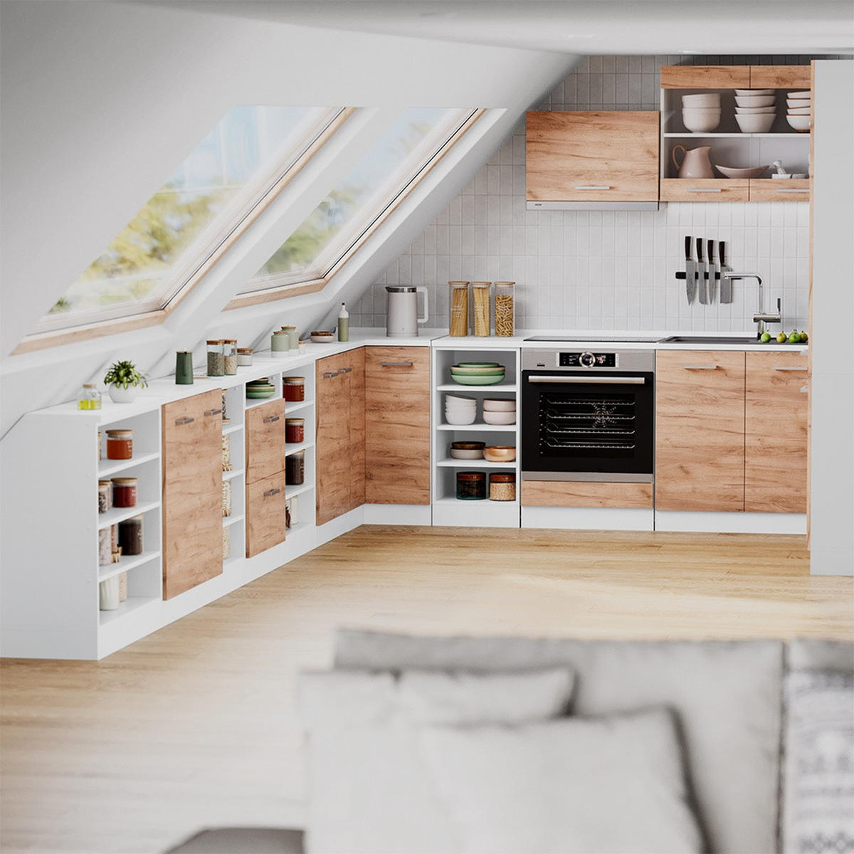 KUHINJSKA OMARA ZA POŠEVNE STREHE R-Line Zlati hrast z močjo 210 cm Komplet 5 korpusov omare globina 60 cm - bela/medeni hrast, leseni material (210/83.8/60cm) - Vicco