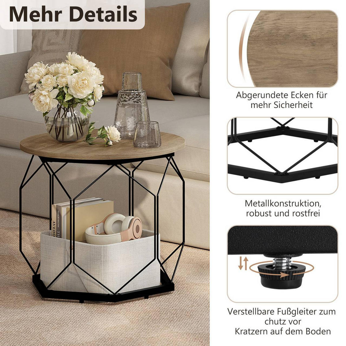 COUCHTISCH 2er Set, rund, Graue Holzoptik - Schwarz/Sonoma Eiche, Holzwerkstoff/Metall (50/50/45cm) - Woltu