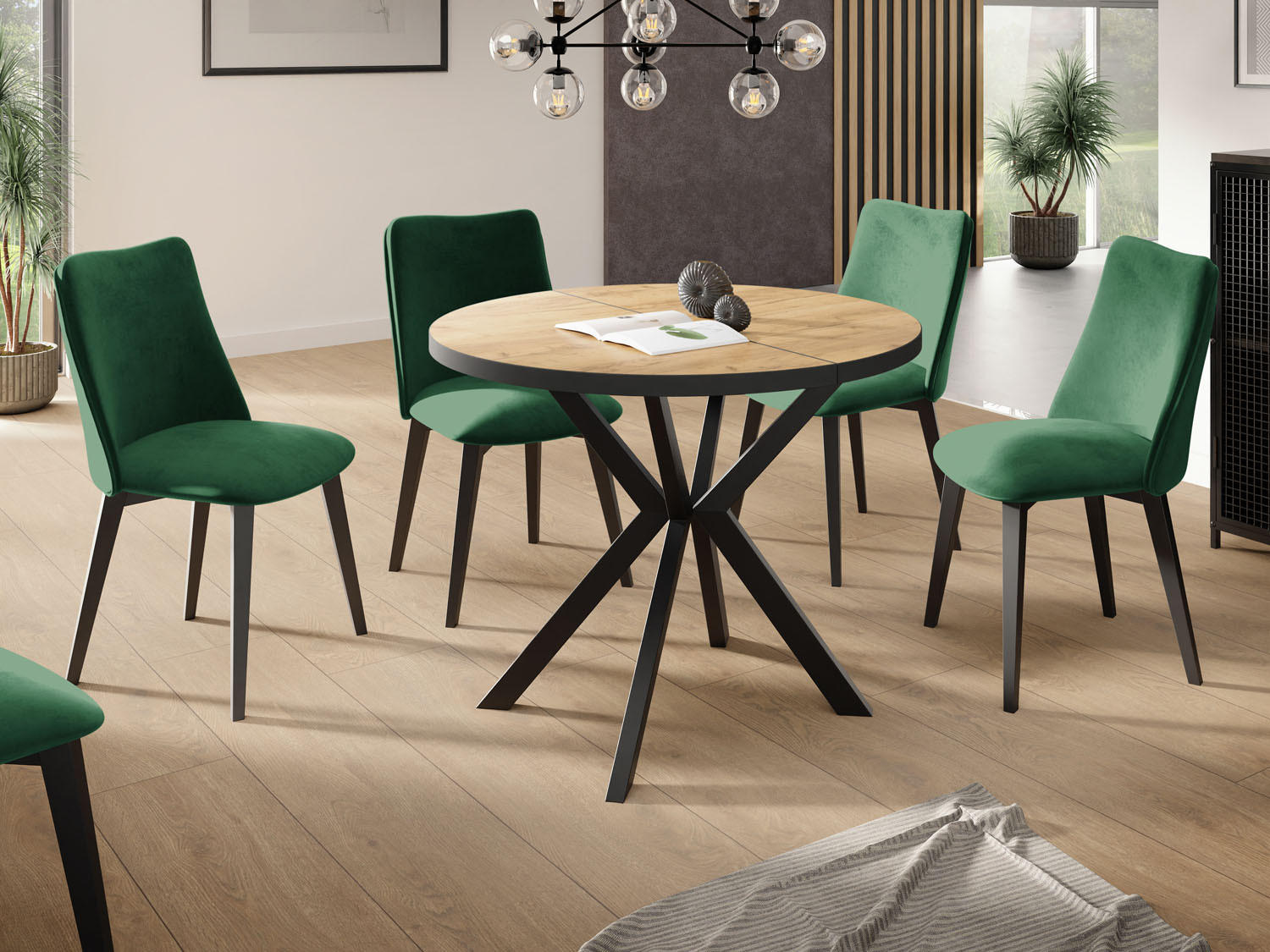 ESSTISCH Vincento runder ausziehbar, Craft Eiche 100-180/100/76 cm - Eiche Wotan/Schwarz, Holzwerkstoff/Metall (100/100/76cm) - WFL GROUP
