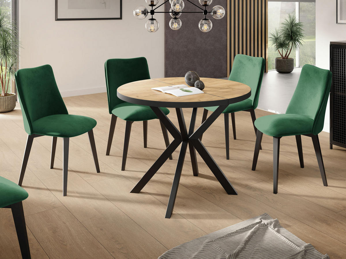 ESSTISCH Vincento runder ausziehbar, Craft Eiche 100-180/100/76 cm - Eiche Wotan/Schwarz, Holzwerkstoff/Metall (100/100/76cm) - WFL GROUP