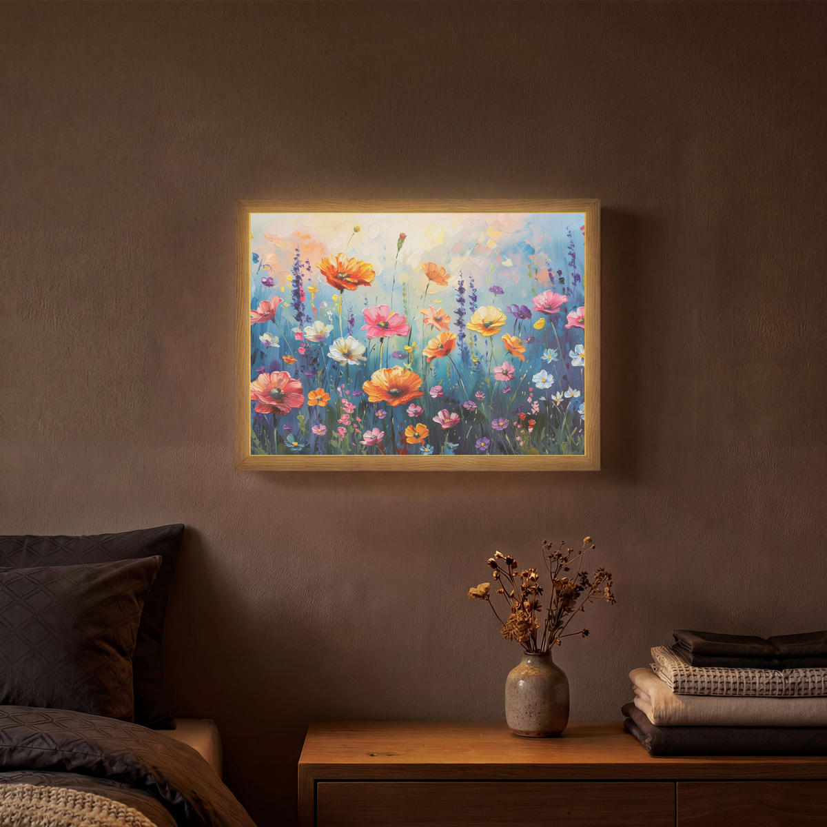 NÁSTĚNNÁ LAMPA S AKUMULÁTOREM Květiny - Příroda - Akvarel - Umění 40x30 cm - různobarevná, kompozitní dřevo (40/30/8cm) - OnlyWow