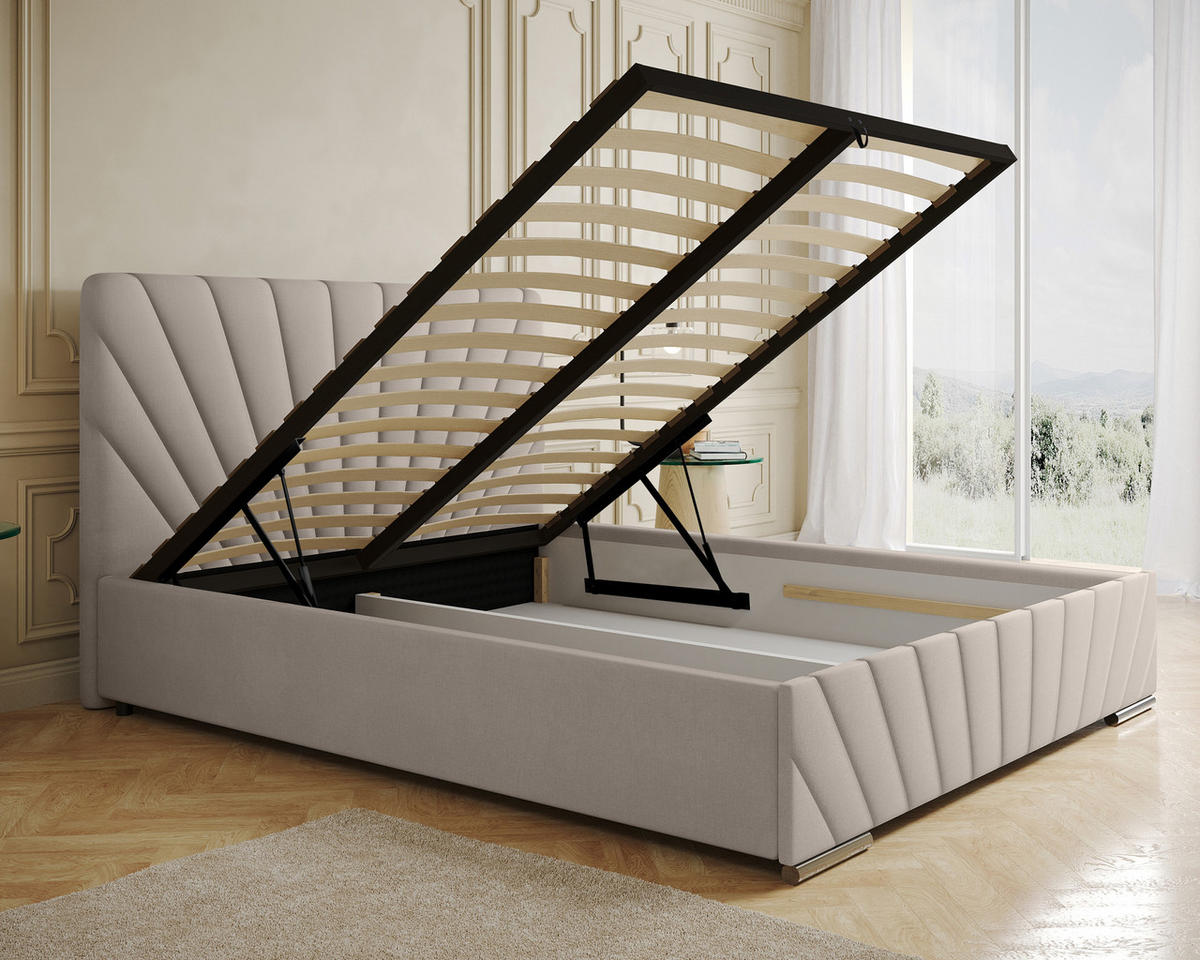 POLSTERBETT Ray 160 x 200 cm mit Bettkasten und Lattenrost Taschenfederkernmatratze mit Kokos 20cm- beige - Beige, Holz (160/200cm) - Homesy