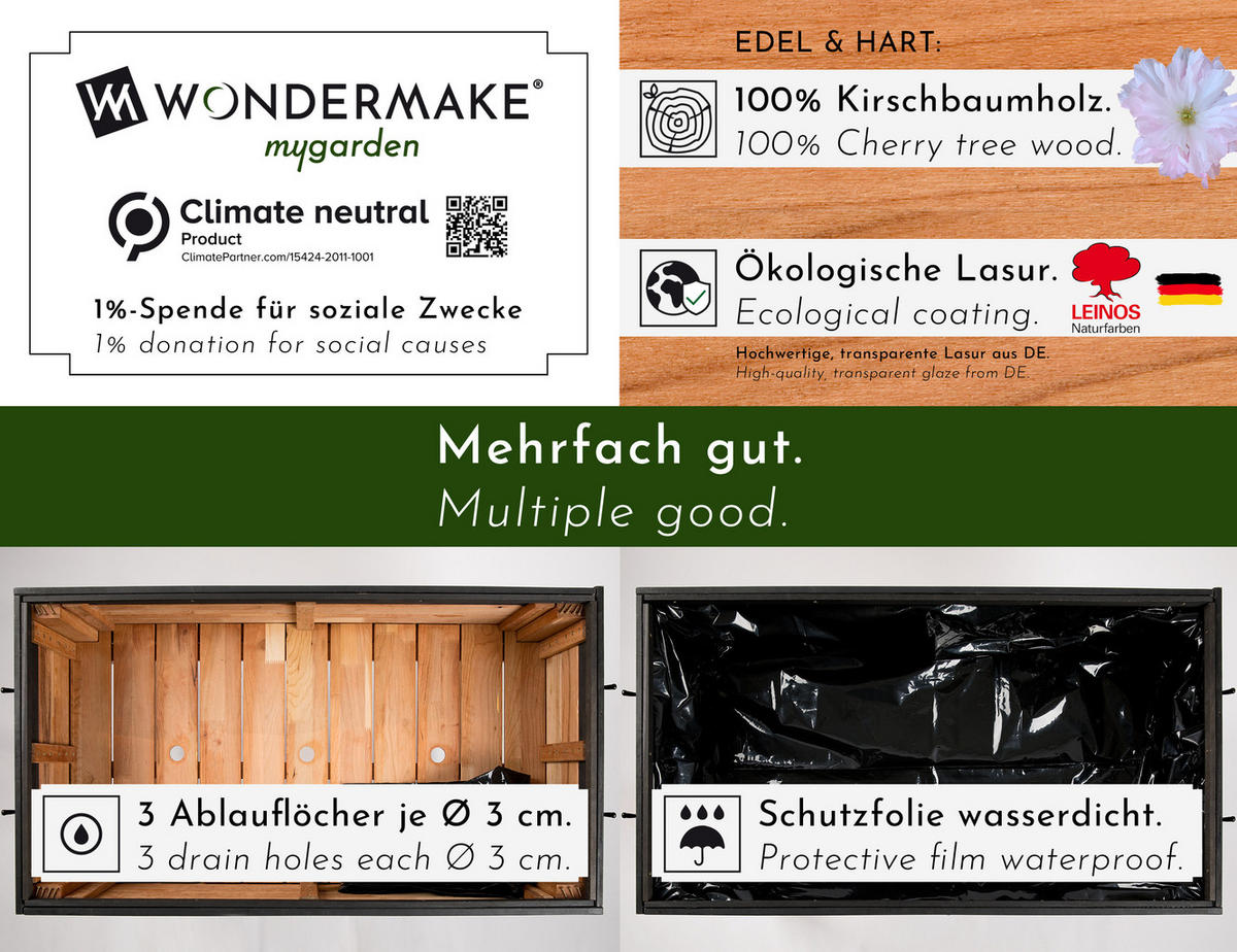 HOCHBEET aus Kirschbaum-Holz, rechteckig mit Vlies-Folie, für Garten & Balkon - Braun, Holz (100/80/55cm) - WONDERMAKE