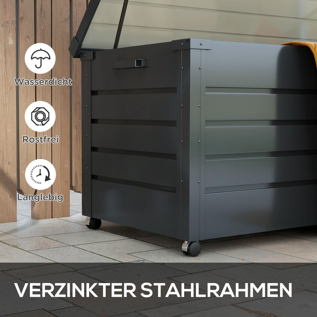 GARTENBOX Metall 311 Liter Auflagenbox mit Griffen Rollen Schloss Wasserdicht - Dunkelgrau, Metall (62/66/120cm) - Outsunny