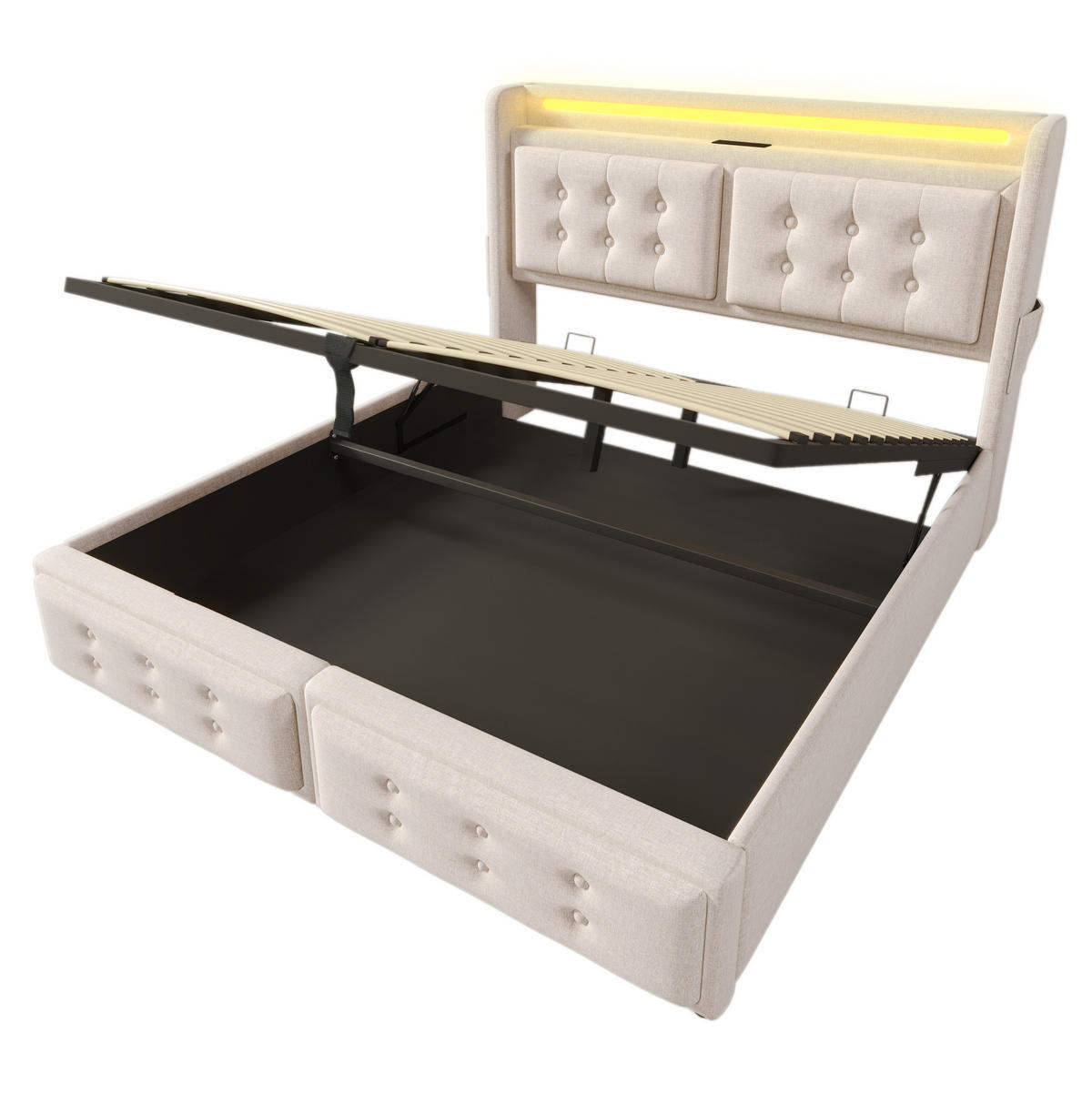 POLSTERBETT mit LED und Stauraum 140x200 cm Beige inkl. Matratze - Beige, Metall (140/200cm) - Meubliv