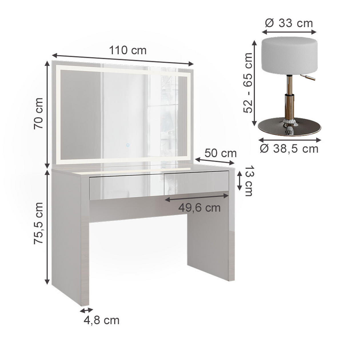 SCHMINKTISCH Annabelle Weiß Hochglanz/Weiß 110 cm mit LED-Spiegel und Hocker - Weiß Hochglanz/Weiß, Holzwerkstoff (110/75.5/50cm) - Vicco