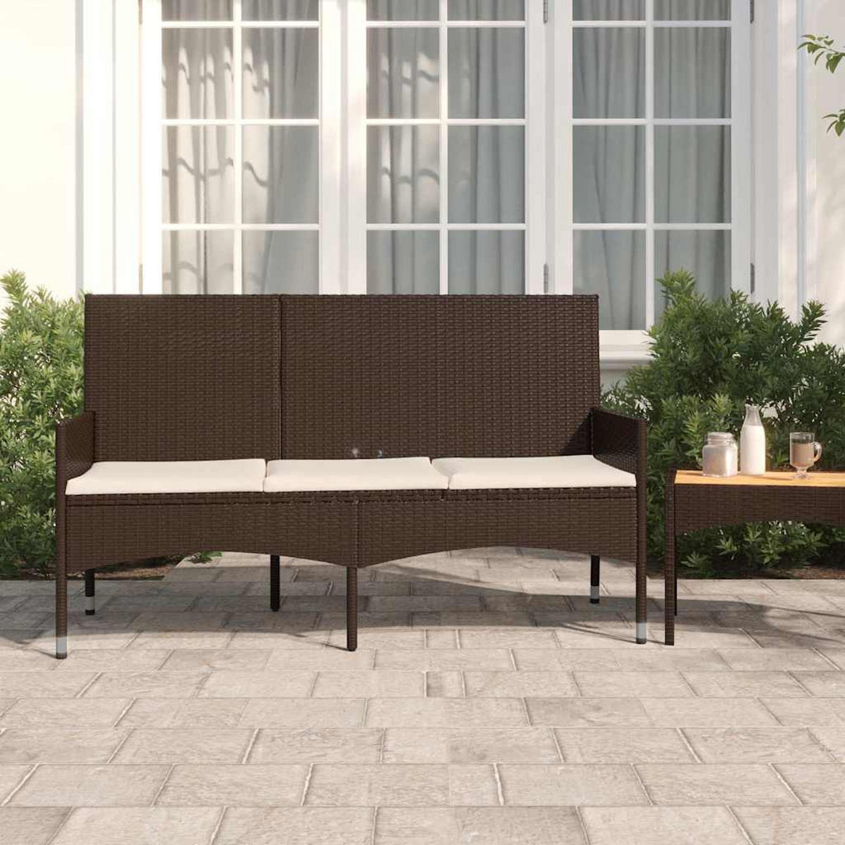GARTENBANK 3-Sitzer mit Kissen Braun Poly Rattan - Braun, Holz (140/85/51cm) - furnicato
