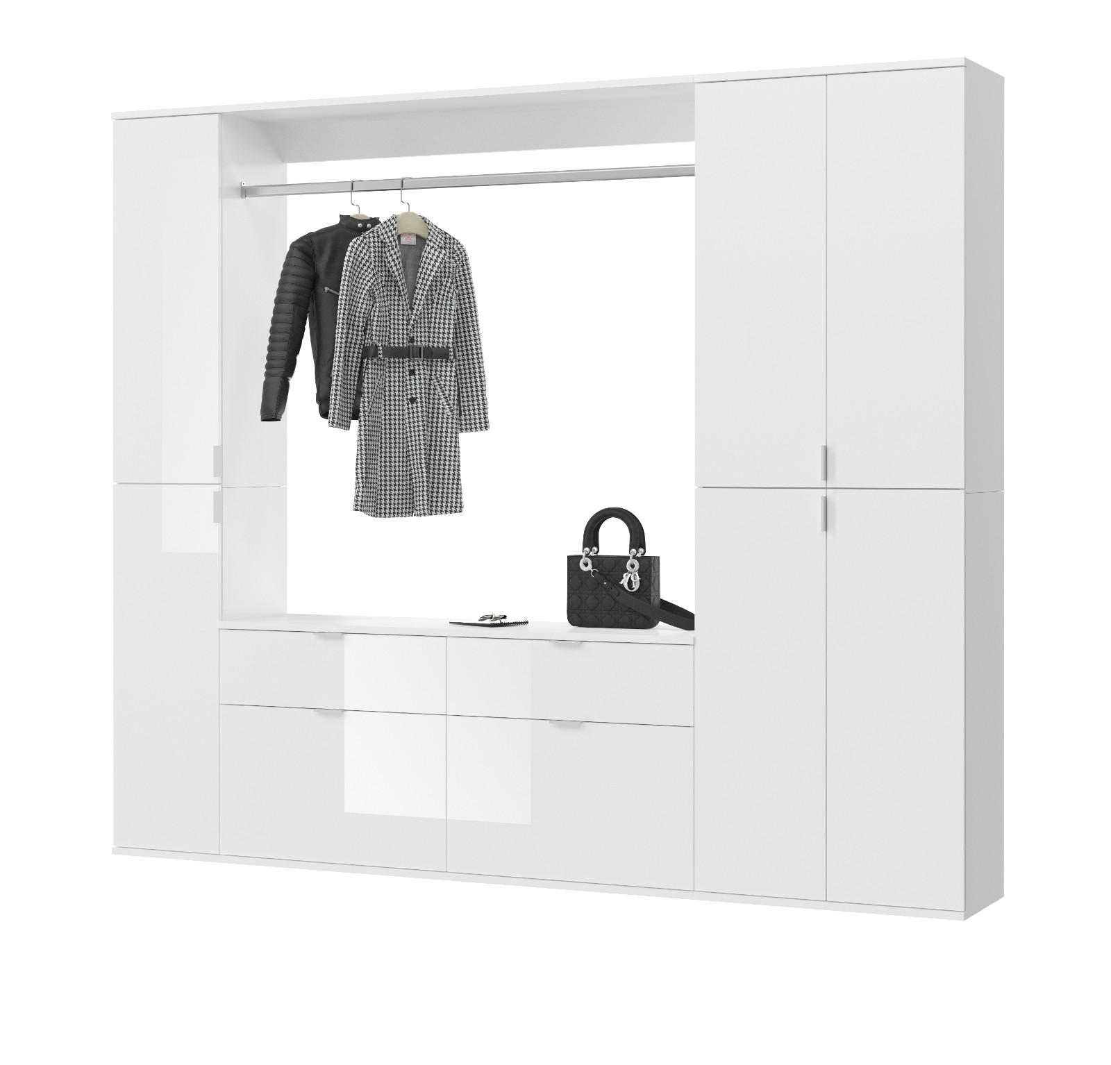 GARDEROBENSCHRANK weiß Hochglanz 212 cm, 21 Fächer, Schuhschrank - Chromfarben/Weiß Hochglanz, Holzwerkstoff/Metall (212/193/34cm) - Inn.Furn