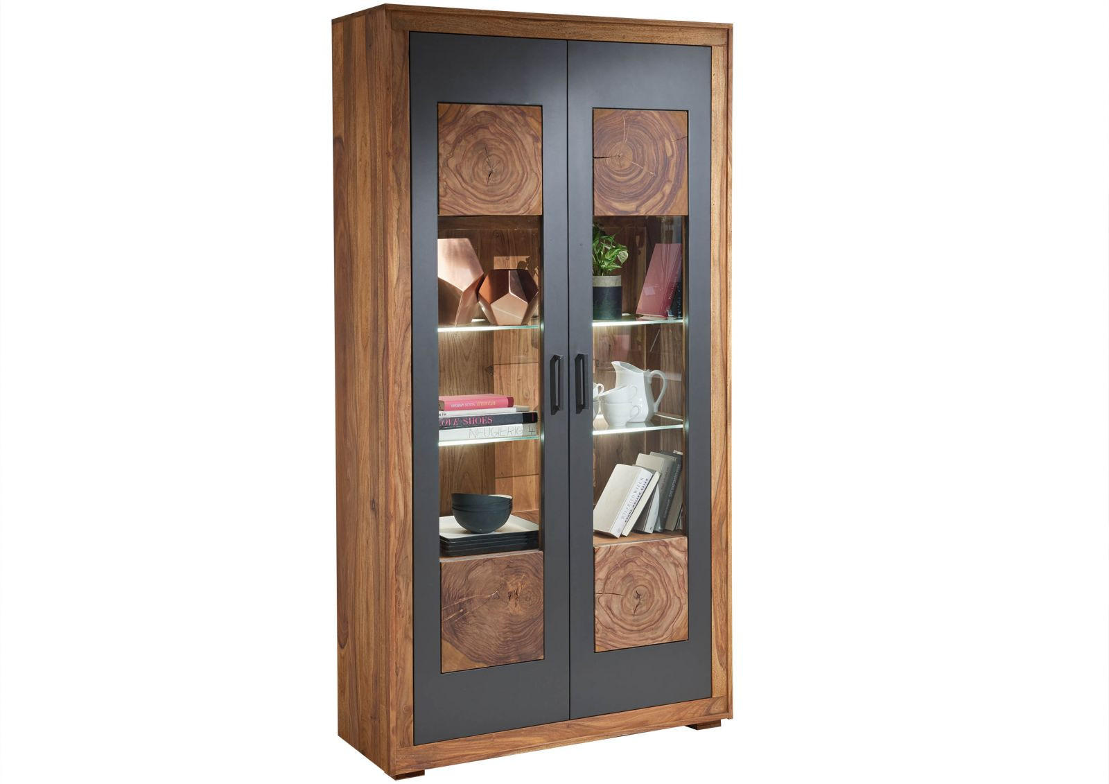 VITRINE Sheesham 103x40x201 gebeizt TURIN #05 - Braun, Holz (103/201/40cm) - Massivmoebel24