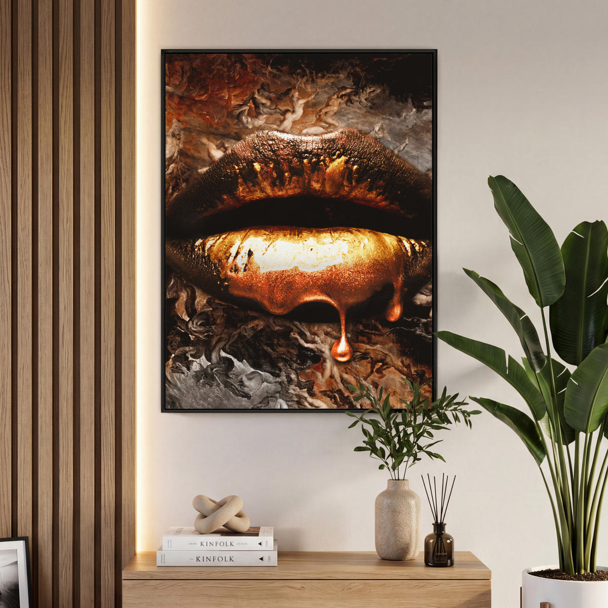 LEINWAND Bilder mit Rahmen - Gold - Lippen - Kunst - Gold - Luxus - Abstrakt - 70x100 - Kupferfarben, Textil (70/100cm) - MuchoWow