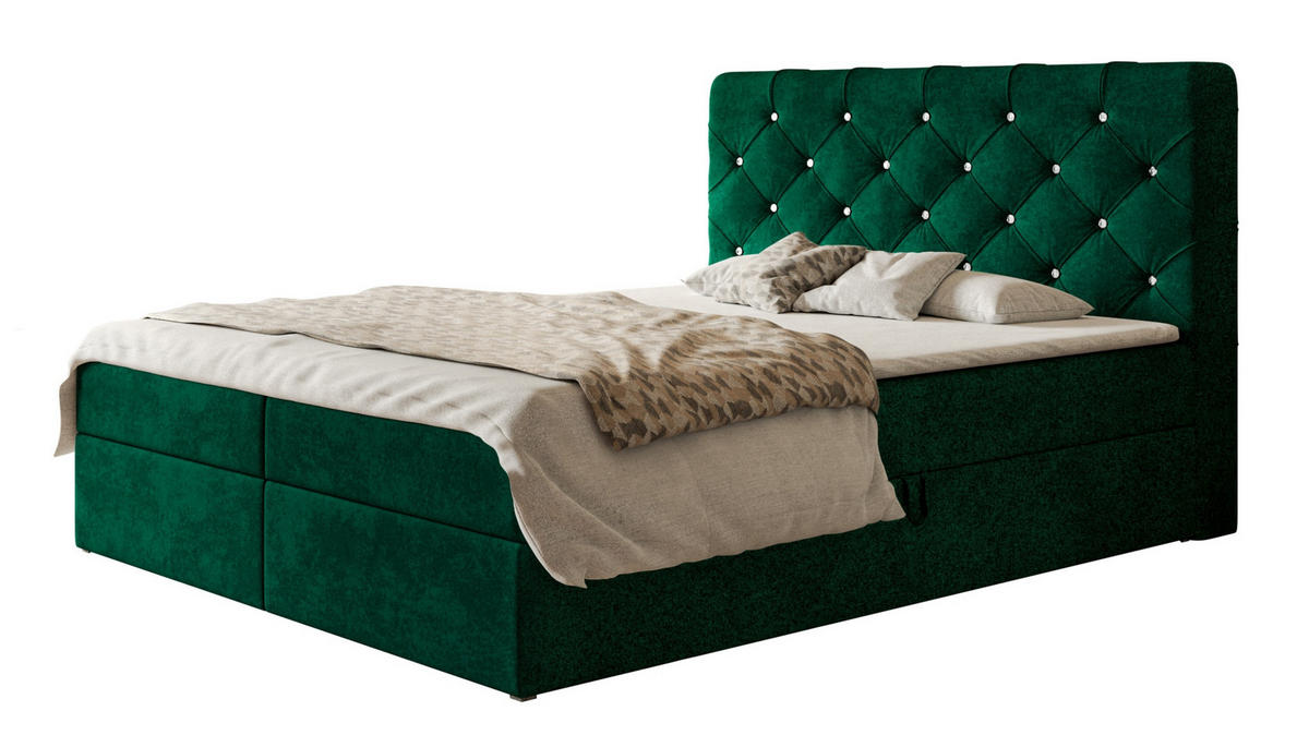 BOXBETT BOSTON mit 2 Bettkästen, 140x200, Farbe: Dunkelgrün, Velourstoff, Doppelbett mit Bonell-Matratze - Dunkelgrün, Holz/Kunststoff (140/200cm) - Alpi-Möbel