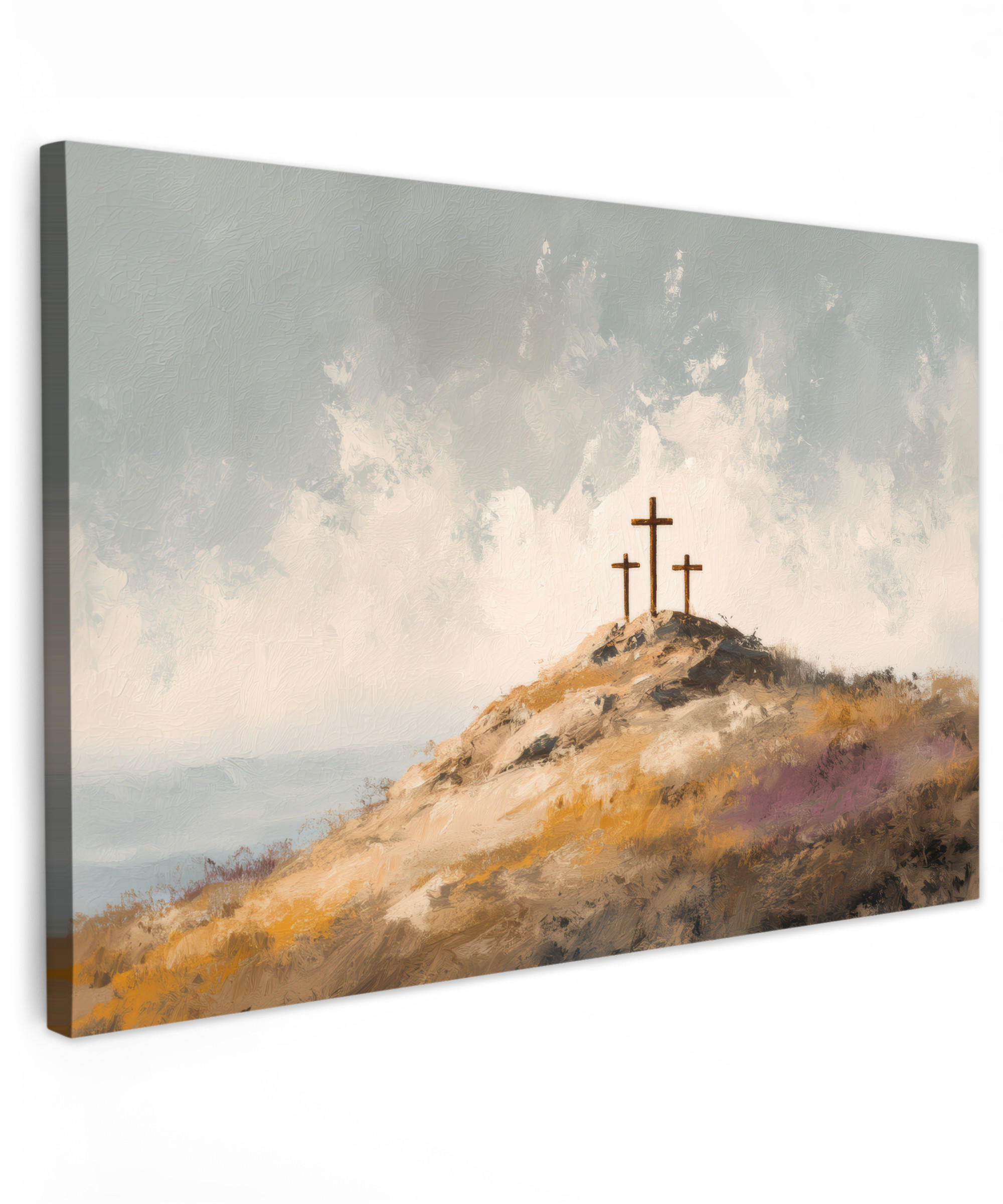 LEINWANDBILD Hügel - Abstrakt - Christentum - Kreuz Groß 140x90 cm - Hellgrau, Textil (140/90cm) - MuchoWow