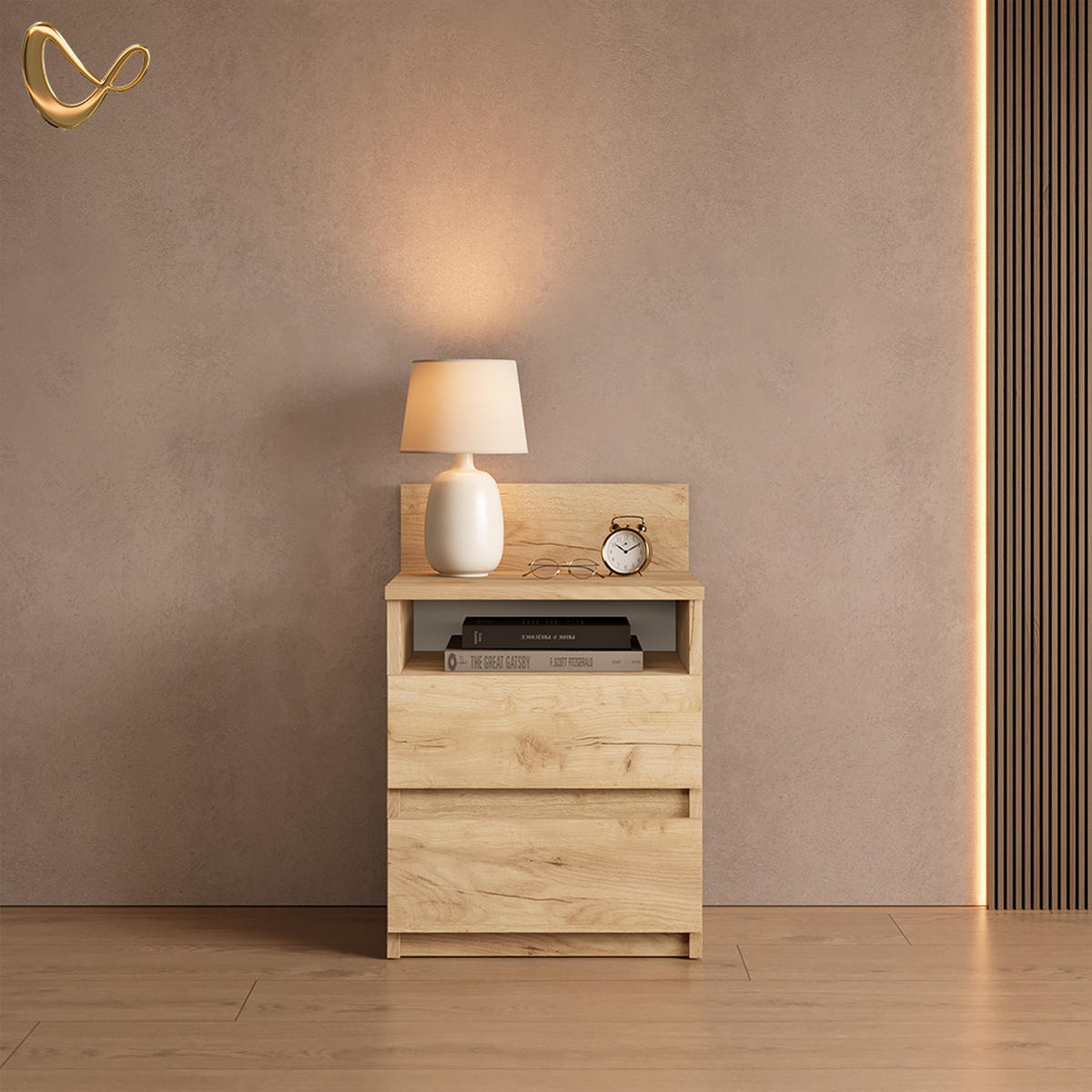 NACHTTISCH Roya, Goldkraft Eiche, 39.6 x 59.1 cm - Honigeiche, Holzwerkstoff (39.6/59.1/32.3cm) - Livinity®