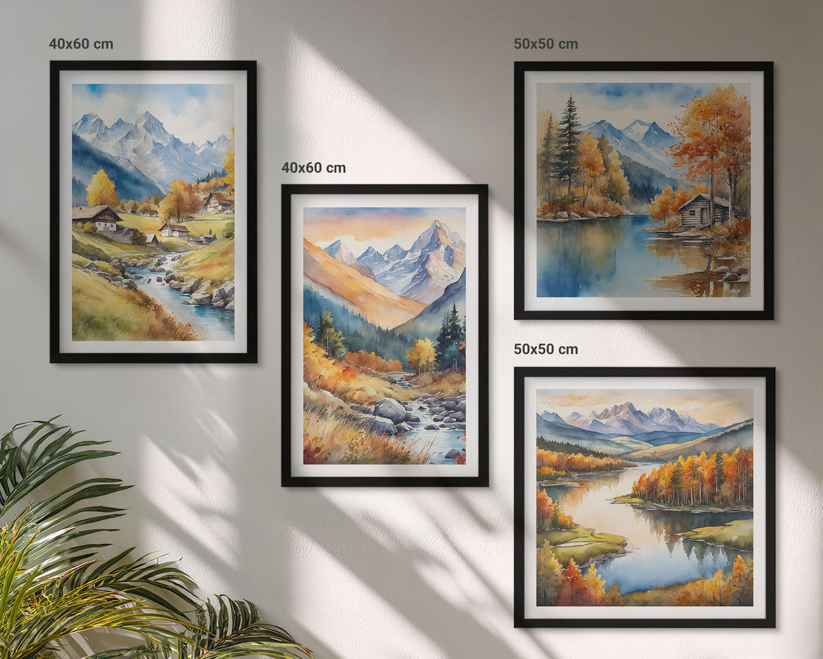 BILDER SET 4er Set - 50x50 cm & 40x60 cm Schwarzer Rahmen - Herbstliche Naturlandschaften - Schwarz, Kunststoff (50/50cm) - TULUP