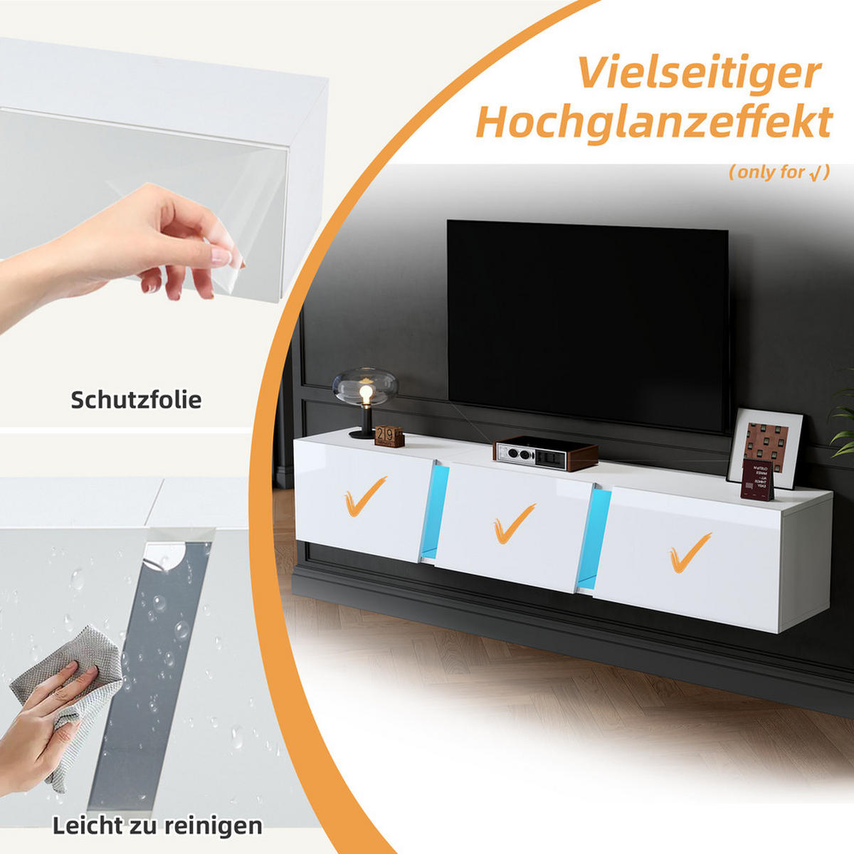 TV-SCHRANK 180x35cm wandmontierbar Hochglanz Weiß LED 3 Türen bis 75 Zoll - Weiß, Holz (43.82/17.15/132.08cm) - FLIEKS